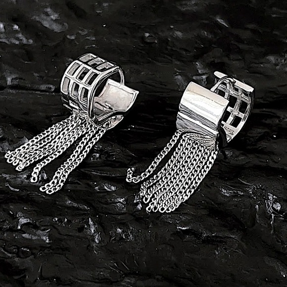 Sterling Silver Chain Tassel Fringe Punk Earrings - Picture 2 of 6